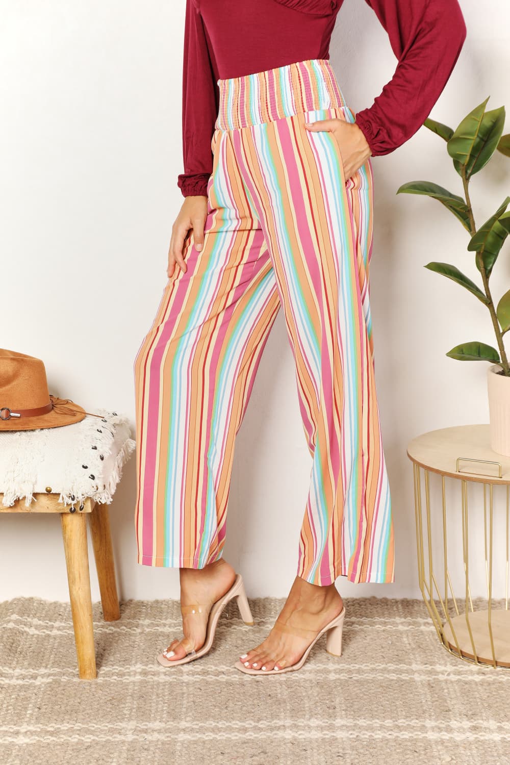 Double Take Striped Smocked Waist Pants with PocketsCasual Pants