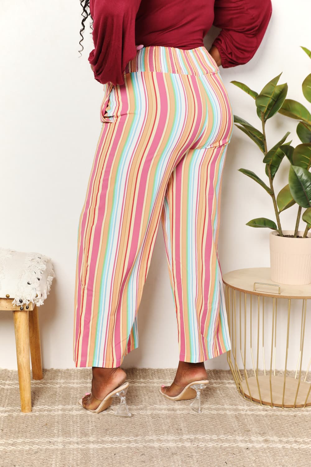 Double Take Striped Smocked Waist Pants with PocketsCasual Pants