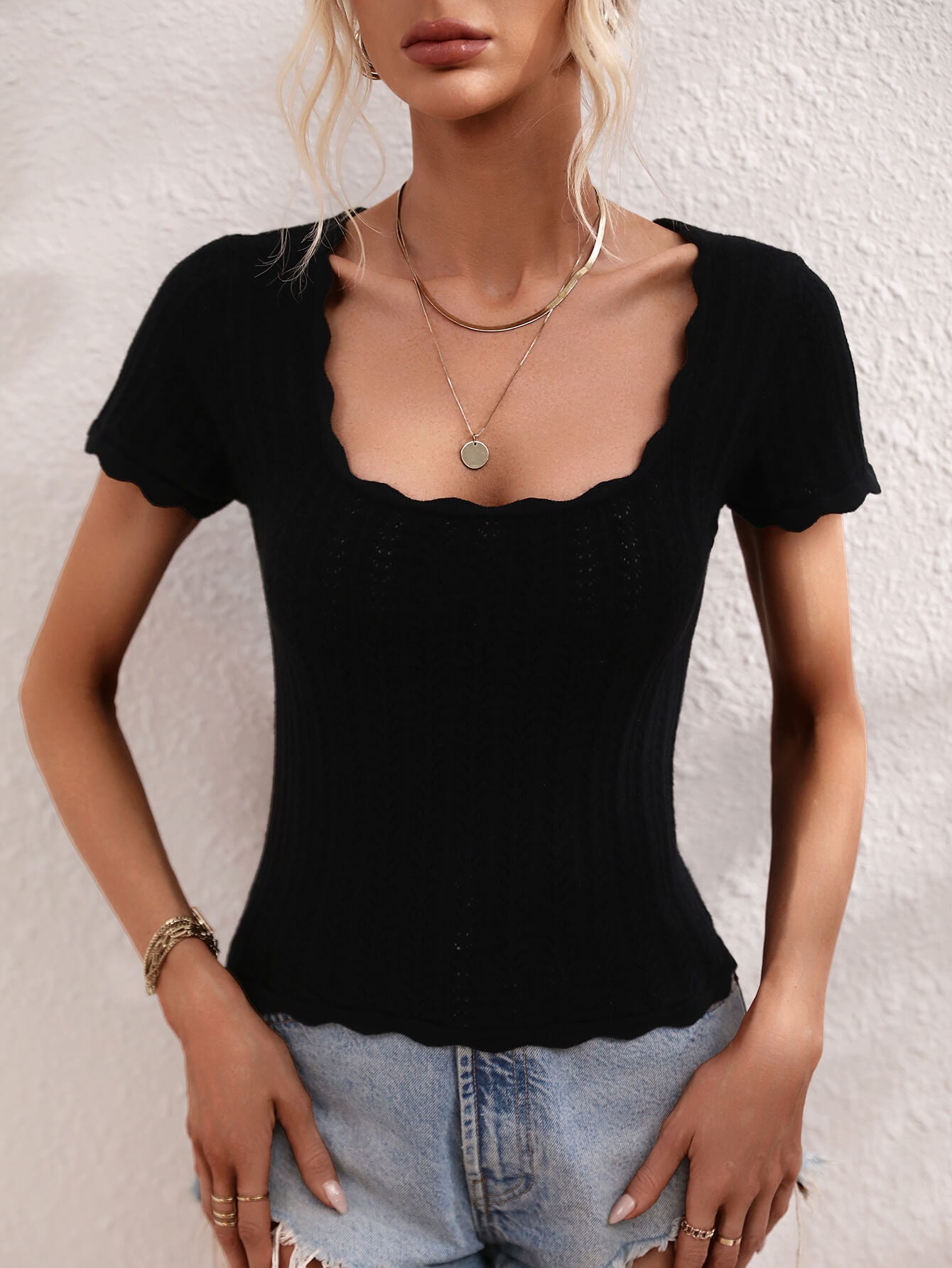 Scalloped Hem Square Neck Knit Top Posh Styles Apparel