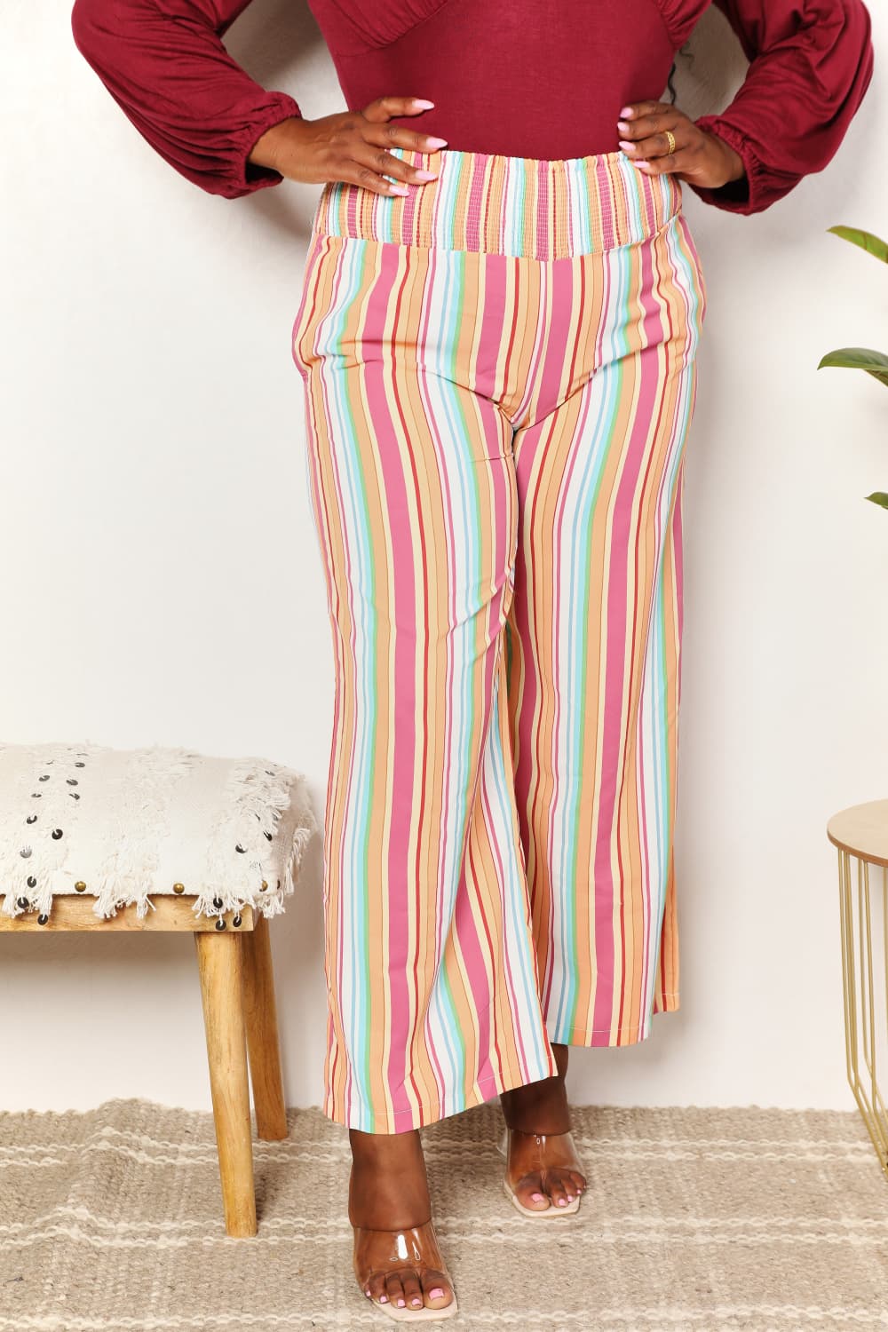 Double Take Striped Smocked Waist Pants with PocketsCasual Pants