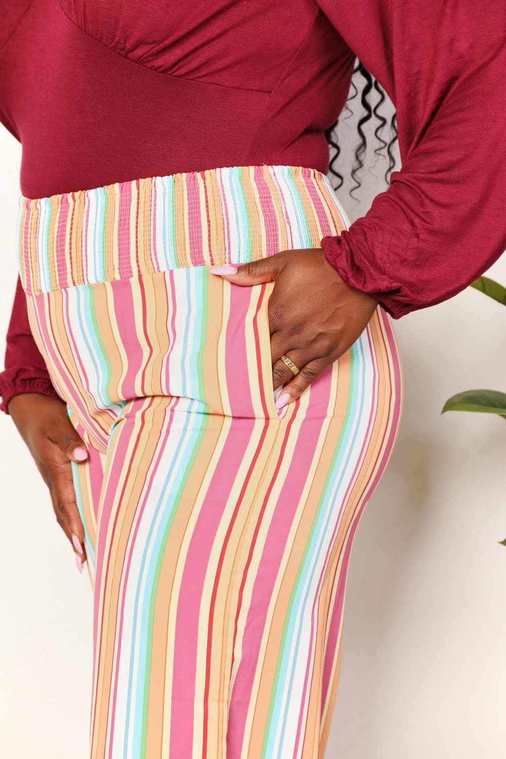 Double Take Striped Smocked Waist Pants with PocketsCasual Pants