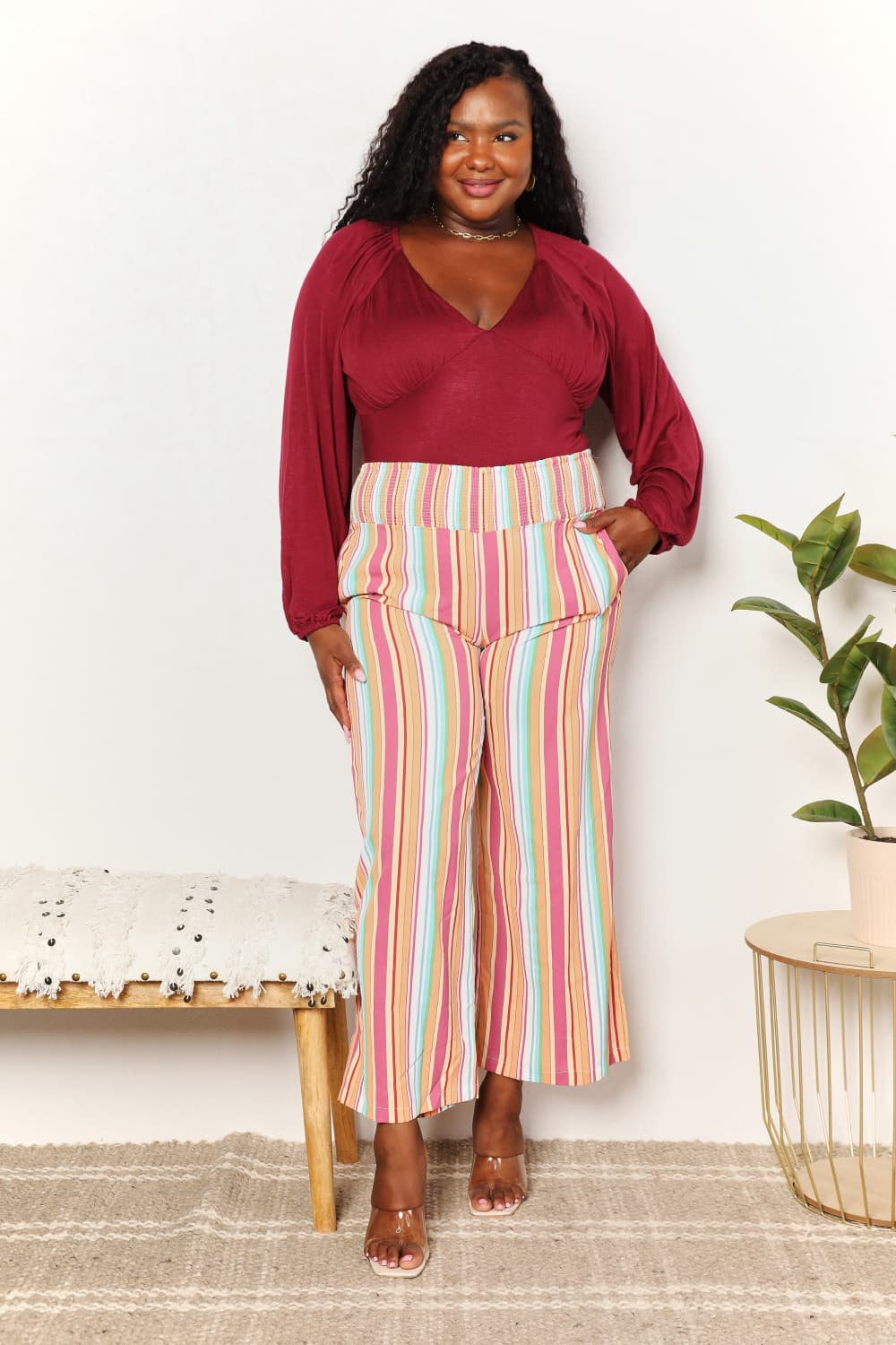 Double Take Striped Smocked Waist Pants with PocketsCasual Pants