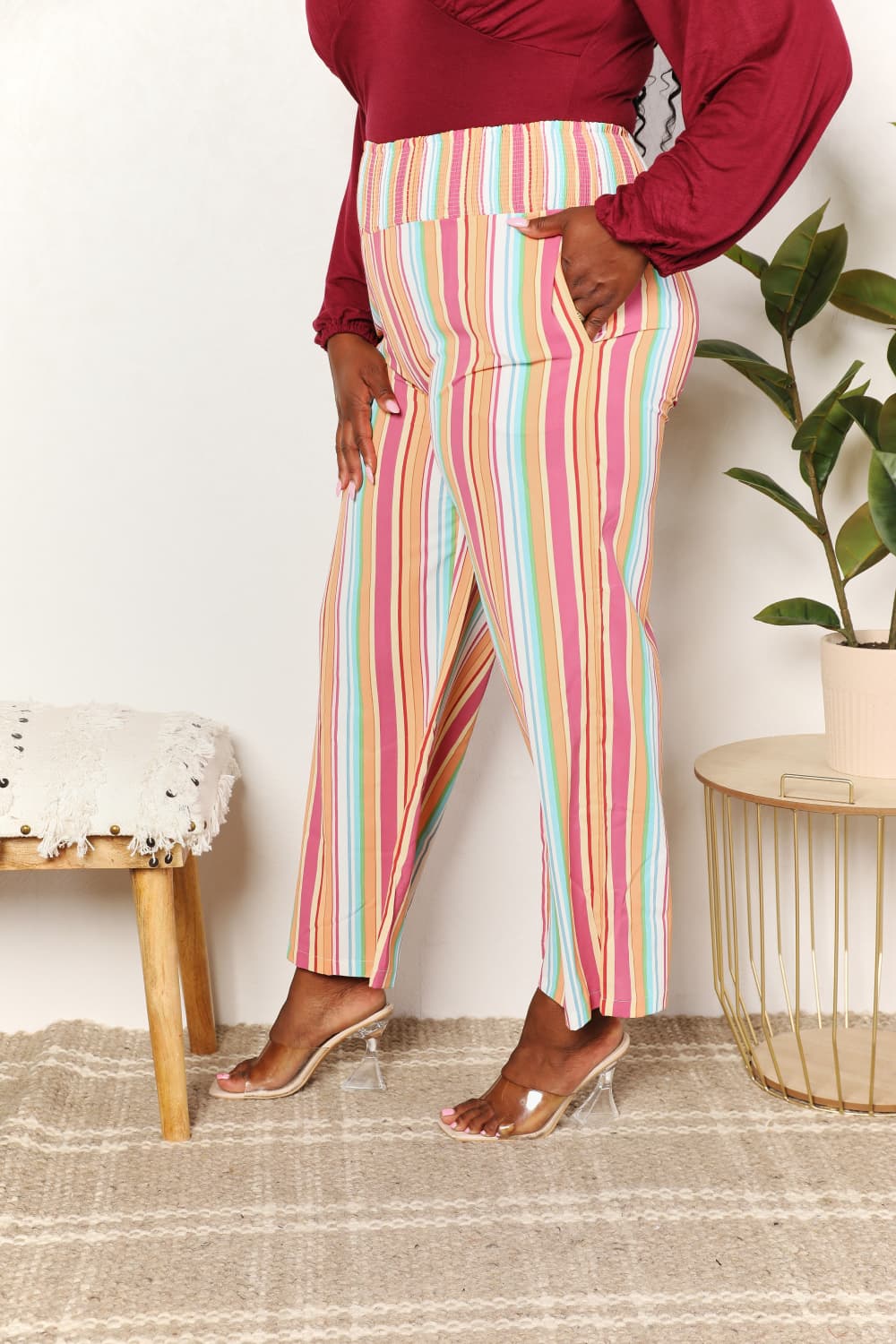 Double Take Striped Smocked Waist Pants with PocketsCasual Pants