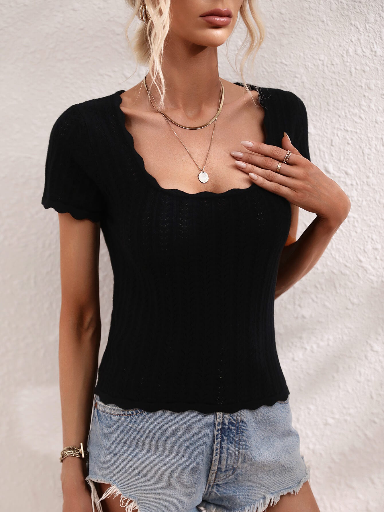Scalloped Hem Square Neck Knit Top Posh Styles Apparel