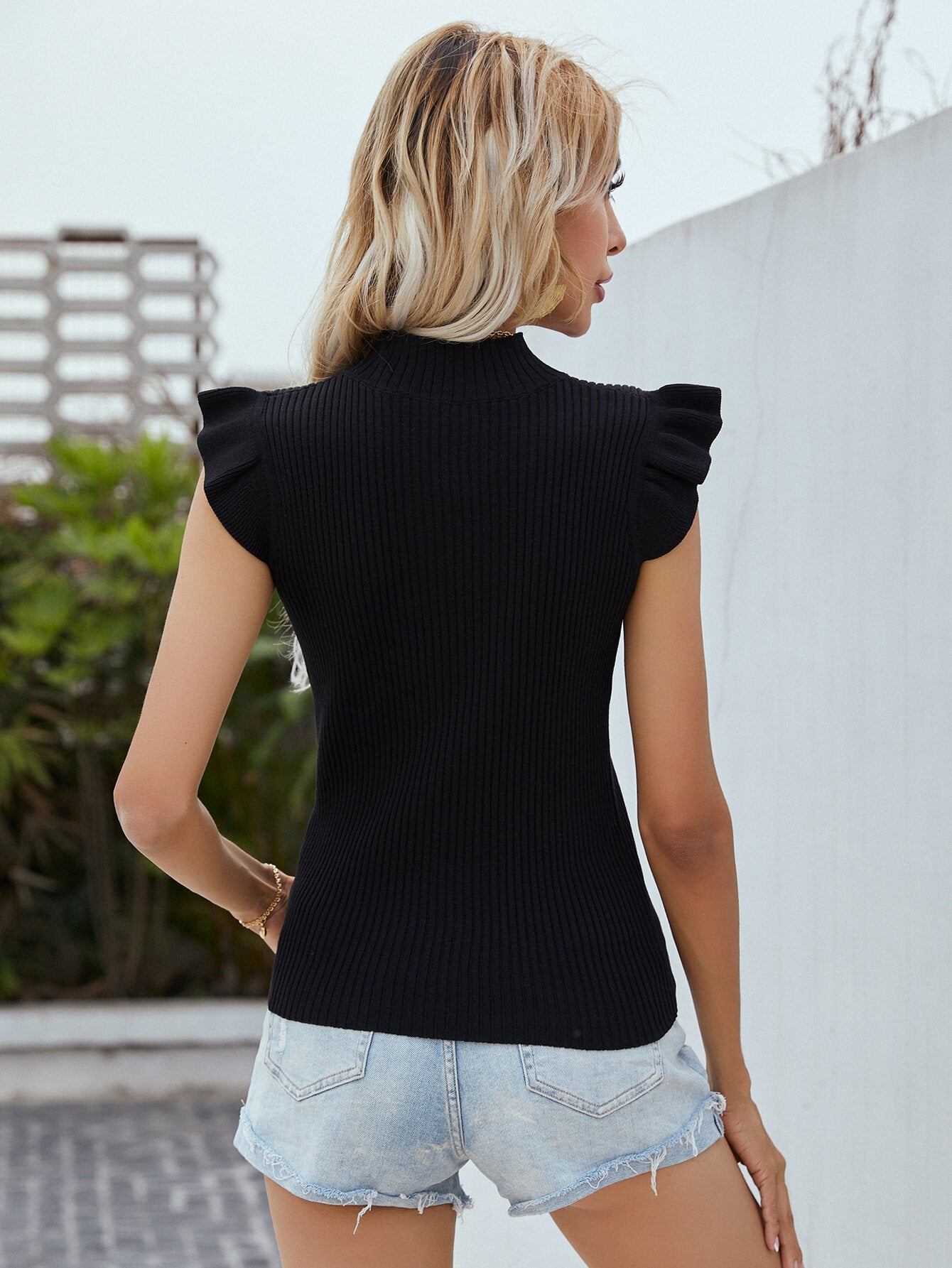 Flutter Sleeve Mock Neck Ribbed Top Posh Styles Apparel