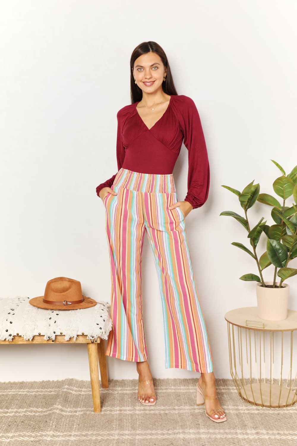 Double Take Striped Smocked Waist Pants with PocketsCasual Pants