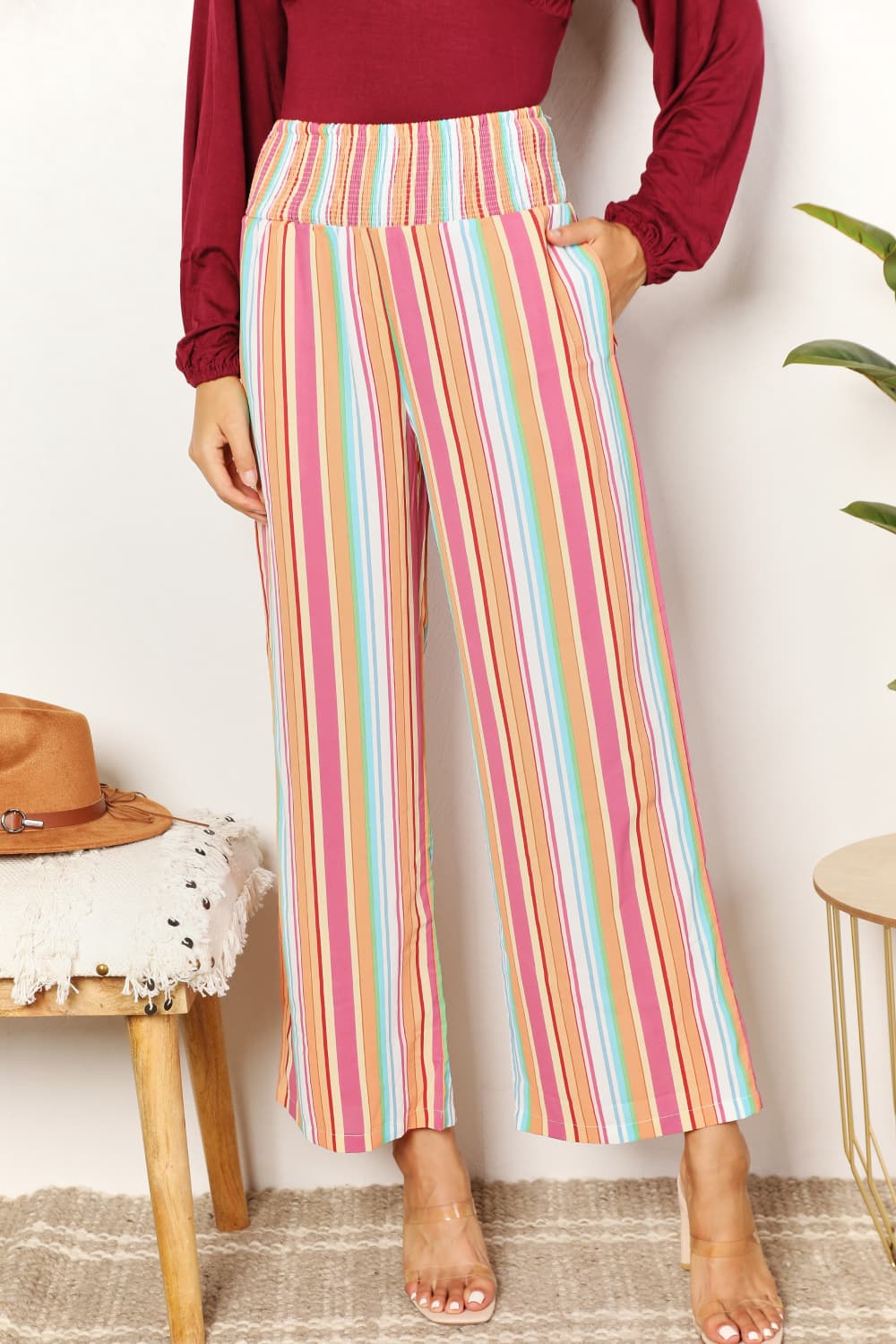 Double Take Striped Smocked Waist Pants with PocketsCasual Pants