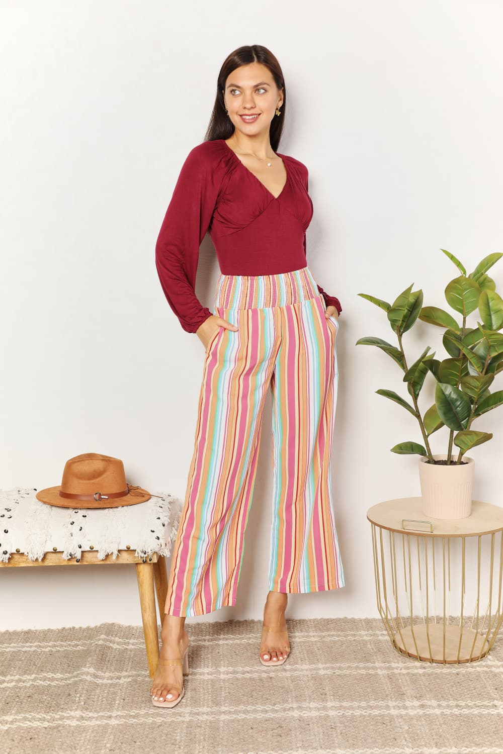 Double Take Striped Smocked Waist Pants with PocketsCasual Pants
