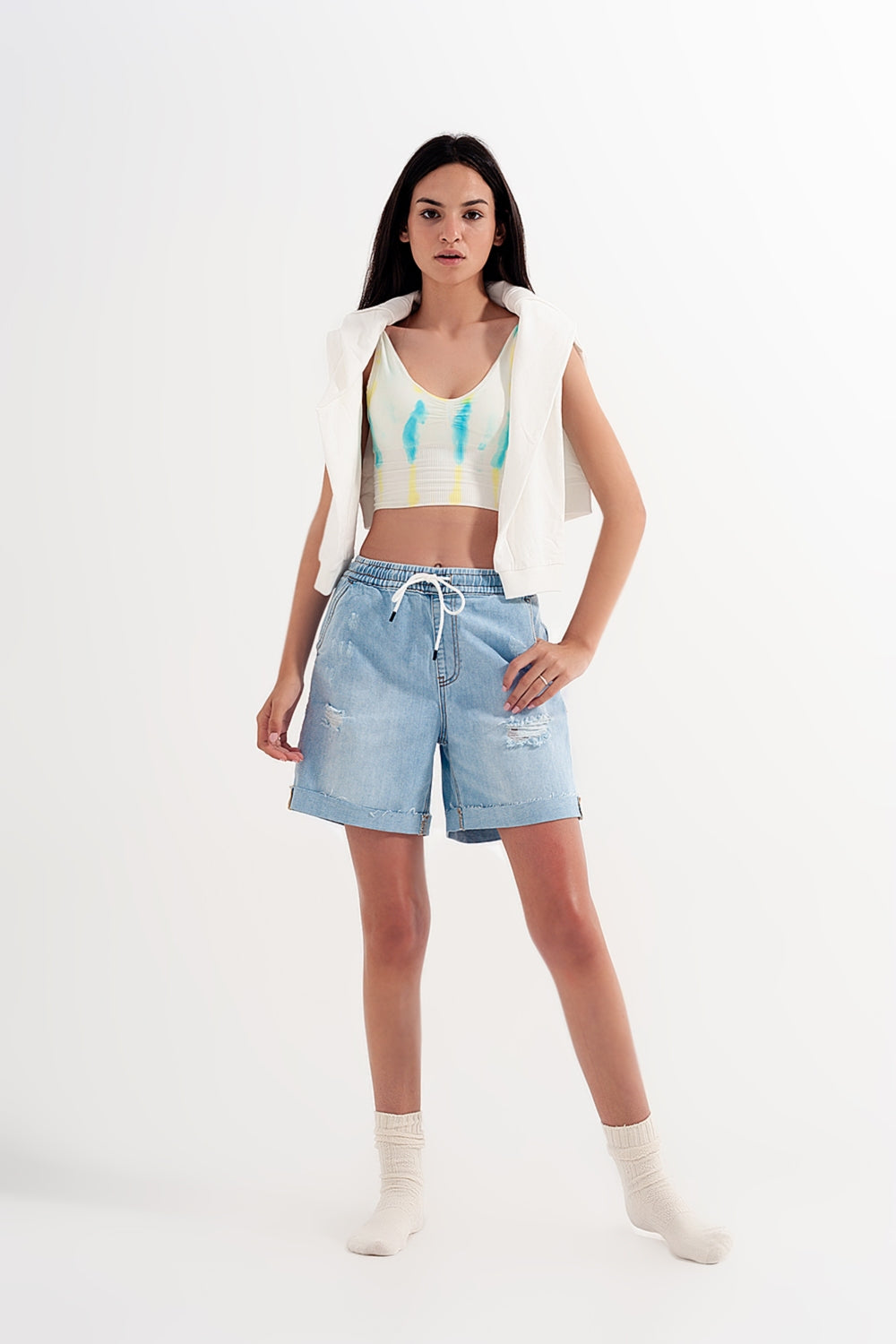 Denim shorts with elastic waist in wash blueJeans