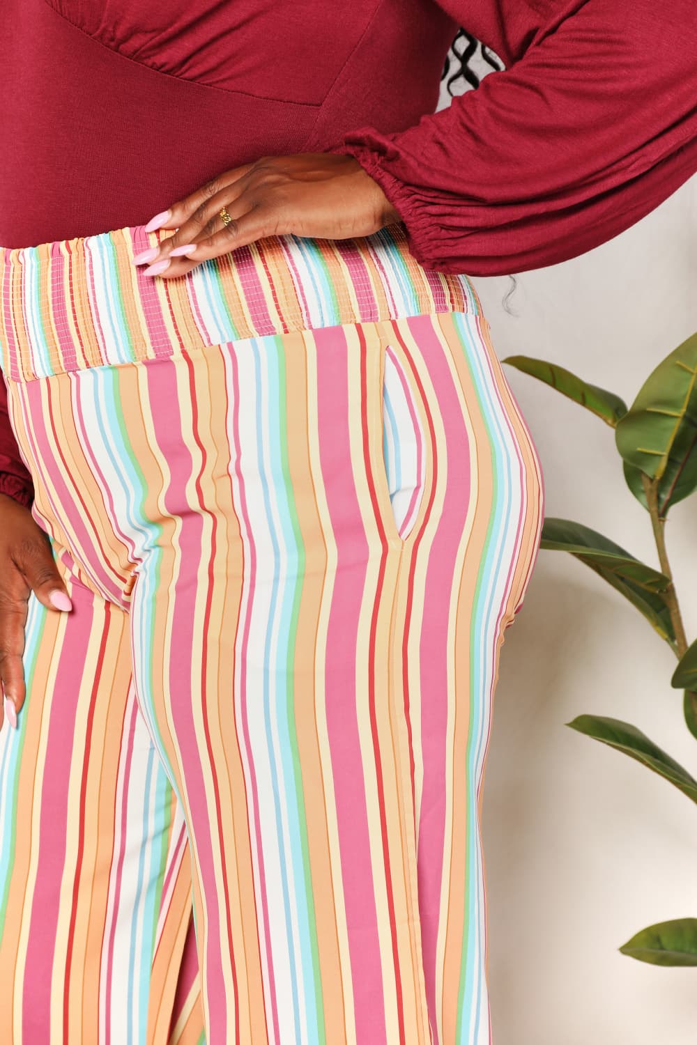 Double Take Striped Smocked Waist Pants with PocketsCasual Pants