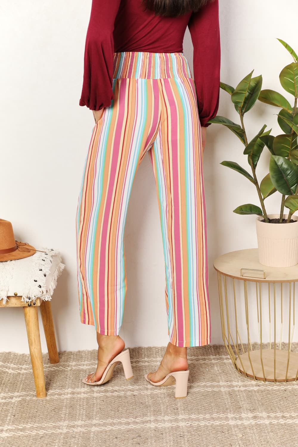 Double Take Striped Smocked Waist Pants with PocketsCasual Pants