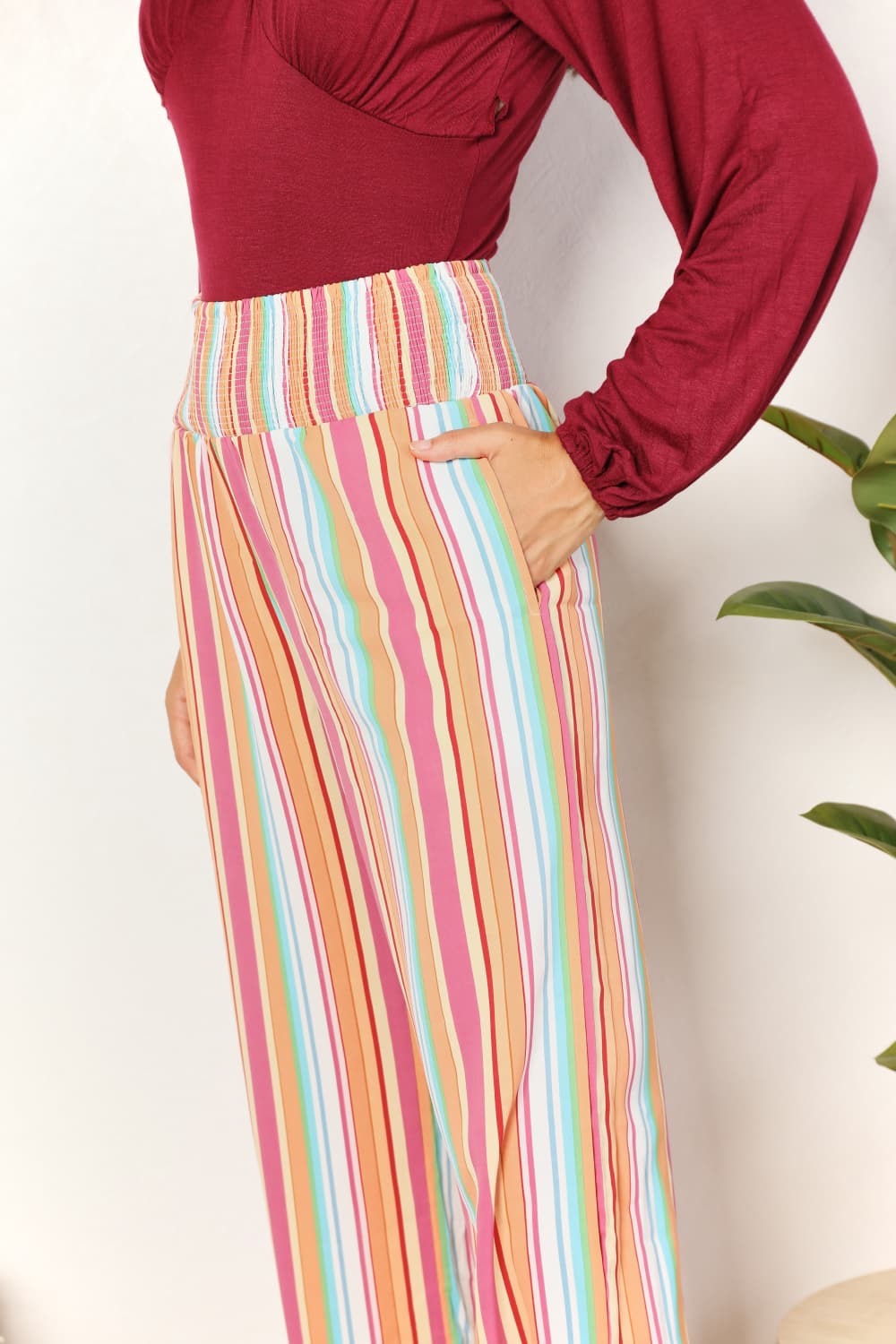 Double Take Striped Smocked Waist Pants with PocketsCasual Pants