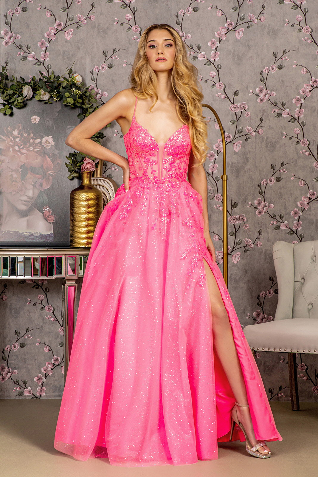 Glitter Illusion Sweetheart Sheer Bodice Mesh A-line Long Prom Dress-2