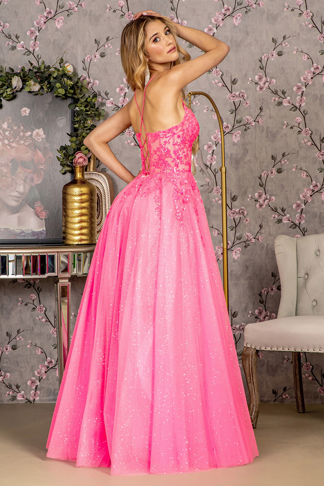 Glitter Illusion Sweetheart Sheer Bodice Mesh A-line Long Prom Dress-3