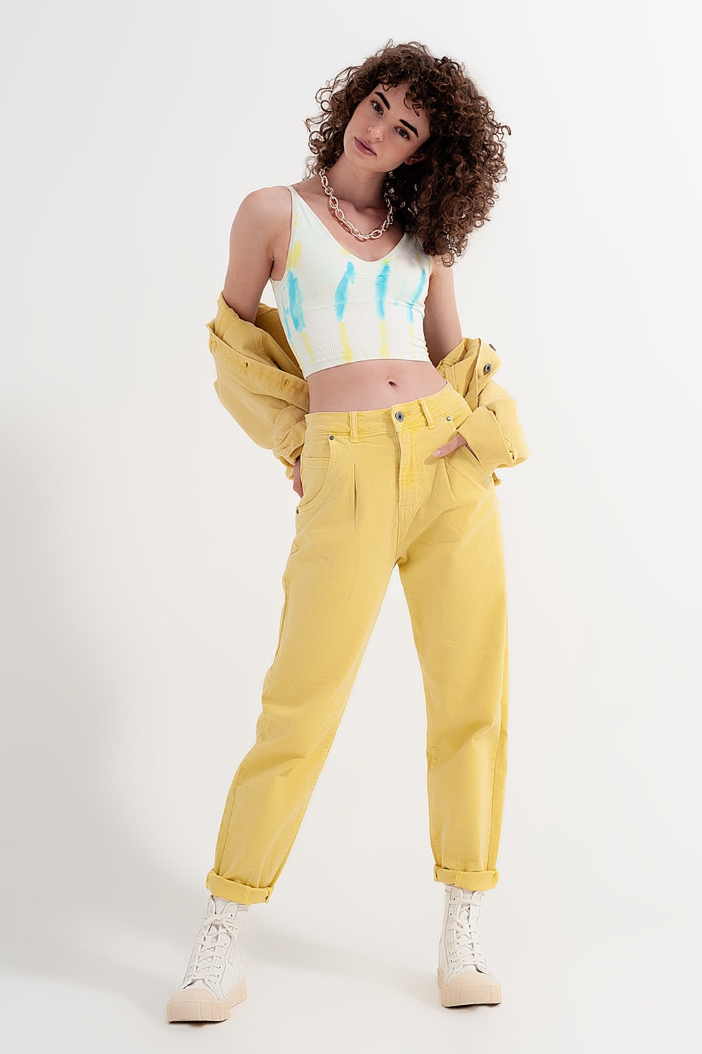 High rise mom jeans with pleat front in yellowJeans