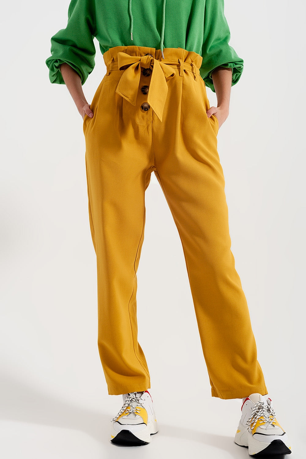 High waist belted paperbag trousers in yellowPants