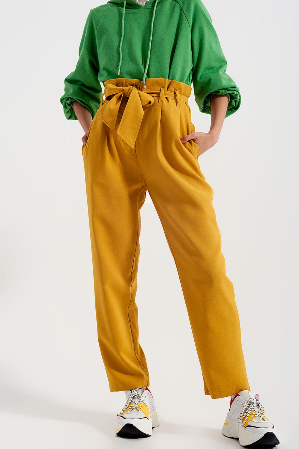 High waist belted paperbag trousers in yellowPants