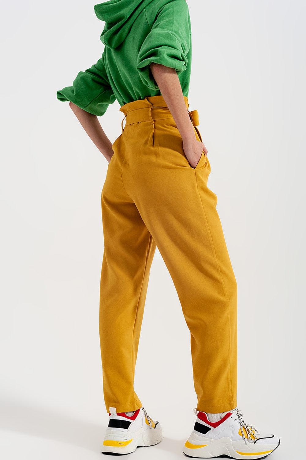 High waist belted paperbag trousers in yellowPants