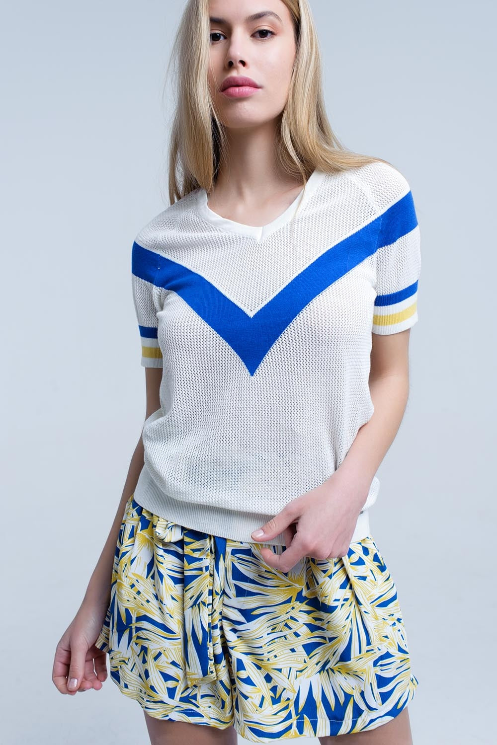 White openwork sweater with blue detailSweaters