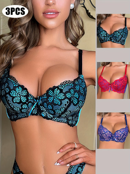 3pcs Seamless Underwire Embroidery Push U Bra