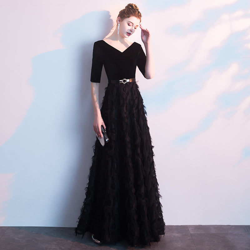 Elegant Black Elbow-length Sleeves Long Evening Dress