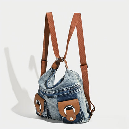 Large Capacity Washed Denim Shoulder Backpack Purse