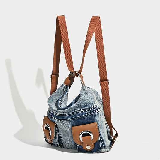 Large Capacity Washed Denim Shoulder Backpack Purse