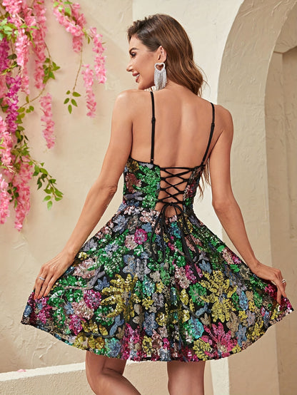 Elegant Floral Sequin Mini Cocktail Dress
