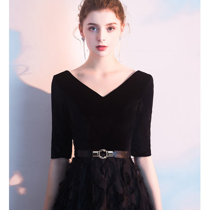 Elegant Black Elbow-length Sleeves Long Evening Dress