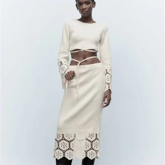 Crochet Lace-up Crop Top & Skirt Set