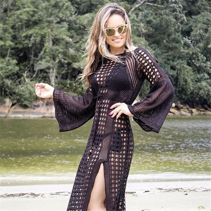 Hollow Knitted Long Sleeve Beach Dress