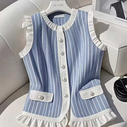 Pearl Buttons Blue & White Striped Vest