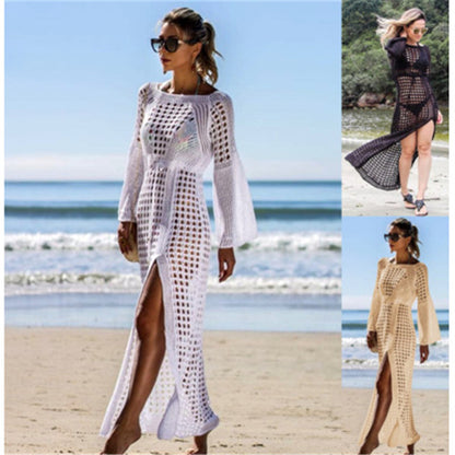 Hollow Knitted Long Sleeve Beach Dress