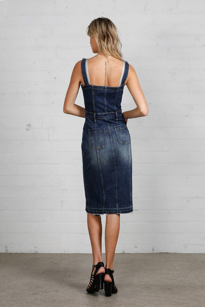 Button-front Released Raw Hem Denim Midi Dress