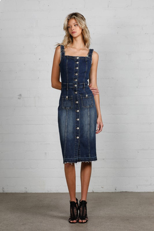 Button-front Released Raw Hem Denim Midi Dress