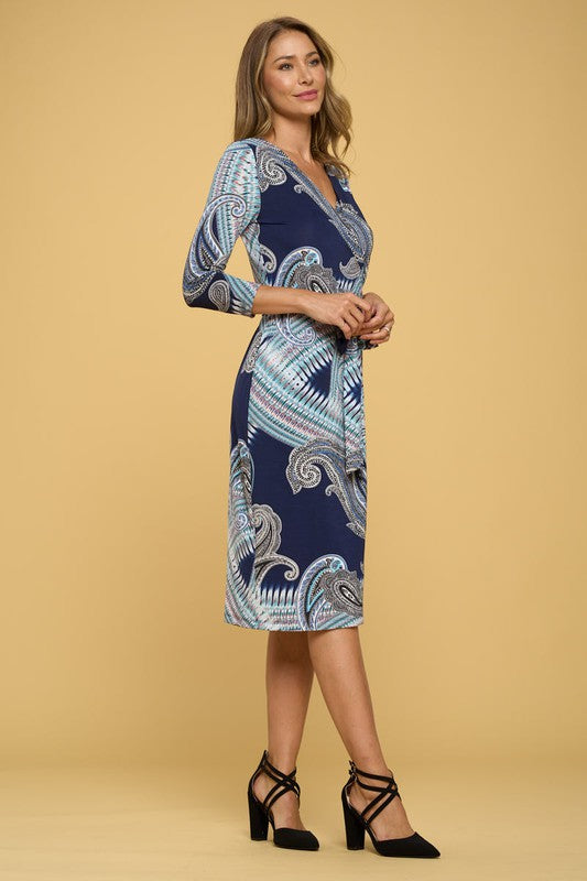 Print V neck Jersey Wrap Dress with Tie