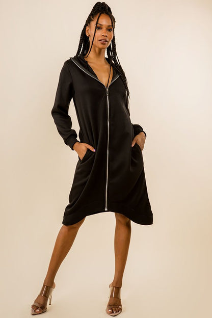 Hoodie Sweatshirt Dress With Front Zipper