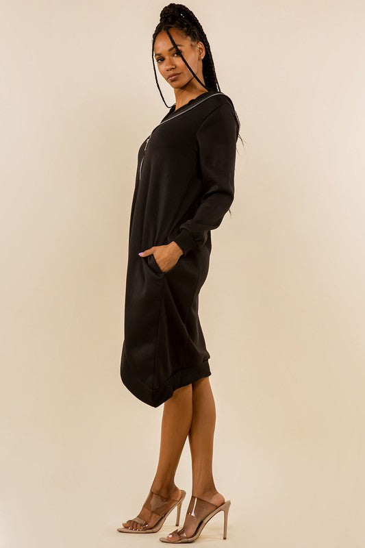 Hoodie Sweatshirt Dress With Front Zipper