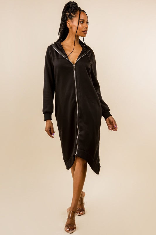 Hoodie Sweatshirt Dress With Front Zipper