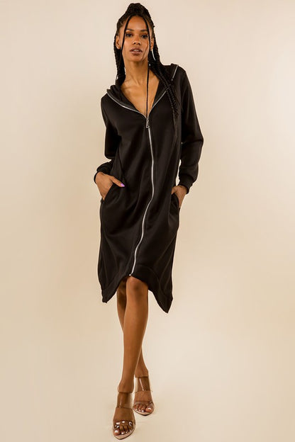 Hoodie Sweatshirt Dress With Front Zipper