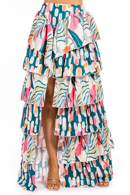 Abstract Print Long Tiered Skirt