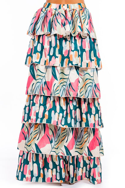 Abstract Print Long Tiered Skirt