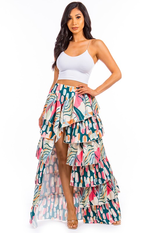 Abstract Print Long Tiered Skirt