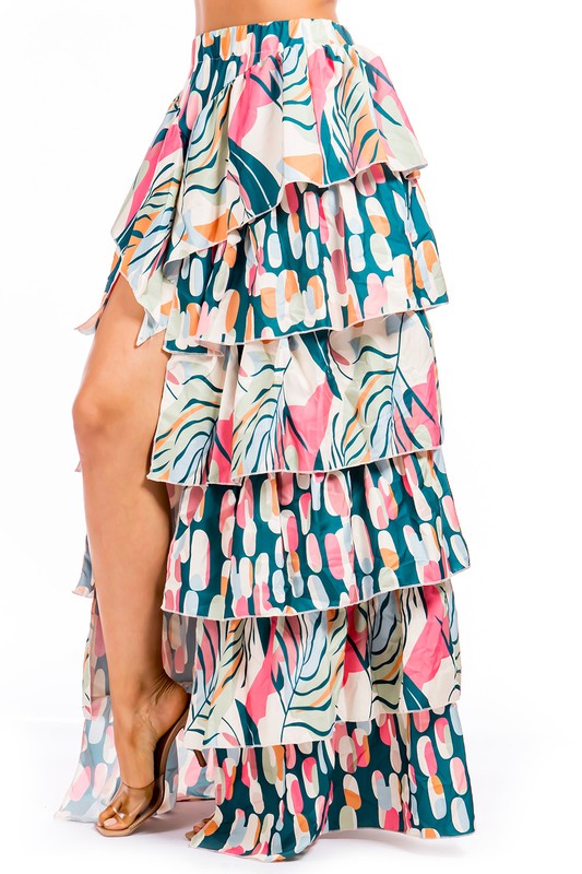 Abstract Print Long Tiered Skirt