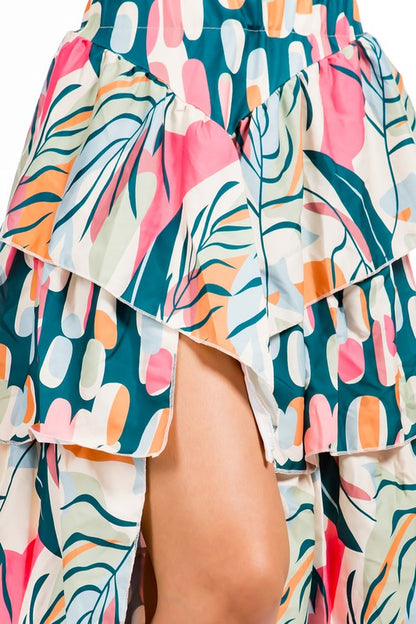 Abstract Print Long Tiered Skirt