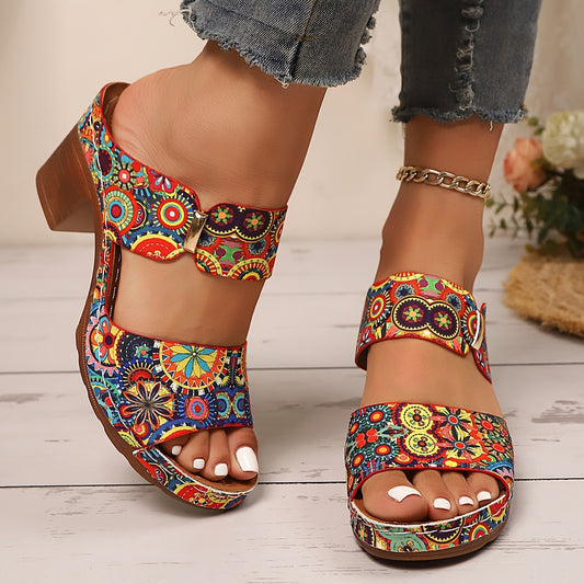 Slip-On Floral Block Heel Sandals