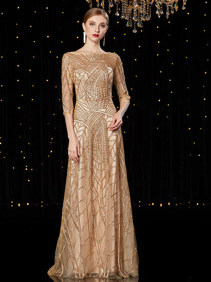 Elegant Abstract Embroidery Long Evening Dress