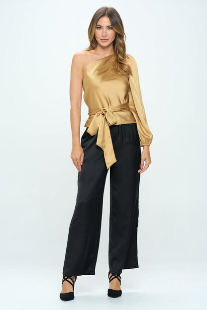 Stretch Satin One Shoulder Formal Top with Tie