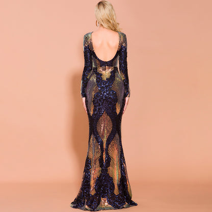 Navy Blue & Gold Mermaid Evening Dress