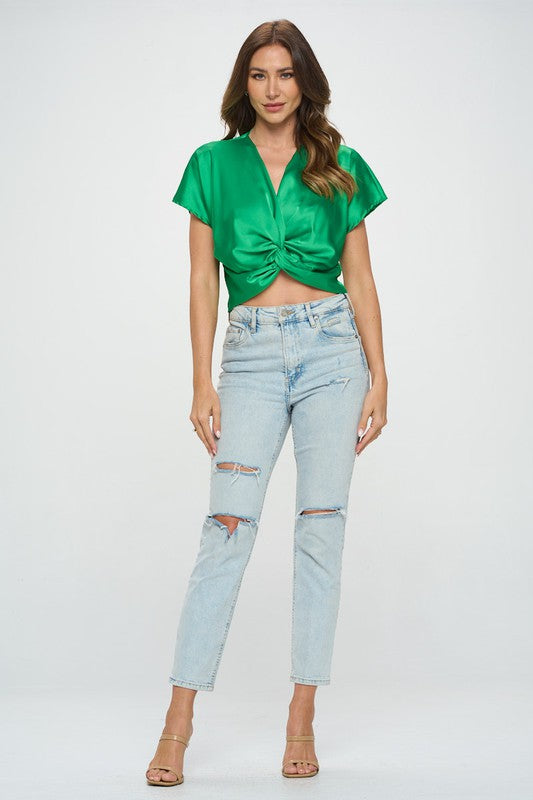 Satin Short Sleeve Top with Front Twist